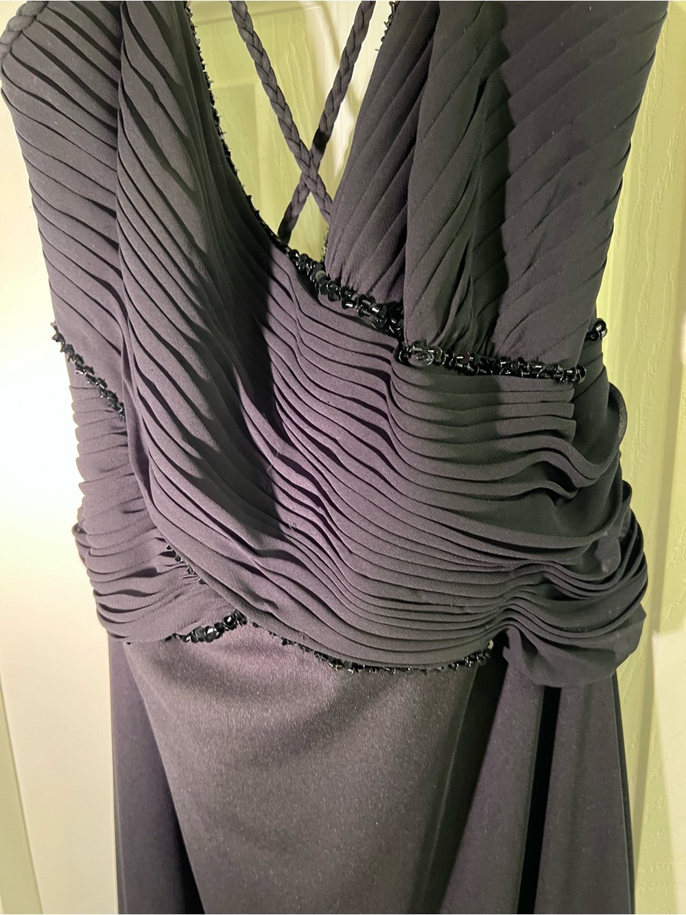 Elegant Pleated Bodice & Long Black Evening Dress with Beaded Trim Sz 10